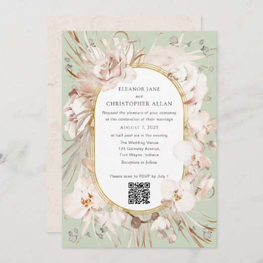 Sage Green Blumengarten Moderne QR Code Hochzeit Einladung (Vorne/Hinten)