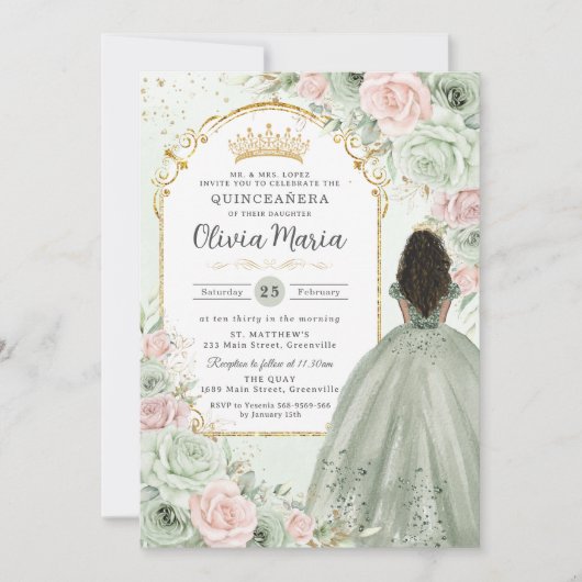 Sage Green Blush Floral Brown Girl Quinceañera Einladung (Vorderseite)