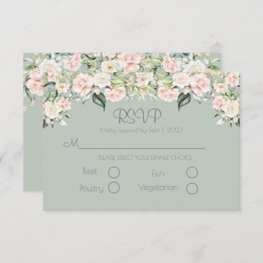 Sage Green Blush Floral Elegantes Hochzeitssemble RSVP Karte (Vorne/Hinten)