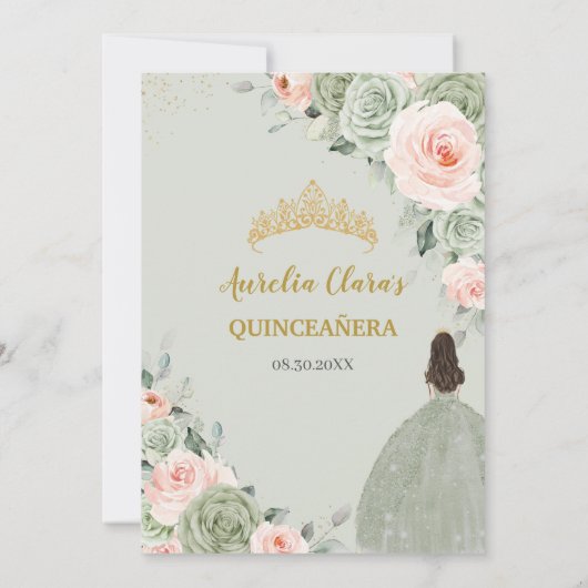 Sage Green Blush Floral Gold Quinceñera Sweet 16 Einladung (Rückseite)