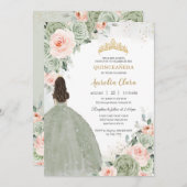 Sage Green Blush Floral Gold Quinceñera Sweet 16 Einladung (Vorne/Hinten)