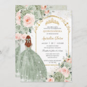 Sage Green Blush Floral Gold Quinceñera Sweet 16 Einladung (Vorne/Hinten)
