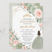Sage Green Blush Floral Gold Quinceñera Sweet 16 Einladung (Vorne/Hinten)