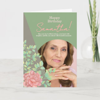 Sage Green Blush Floral Photo Birthday Greeting Karte