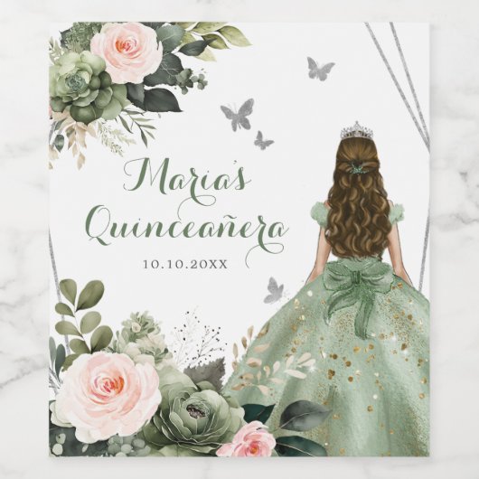 Sage Green Blush Floral Princess XV Años Weinetikett (Einzelnes Label)