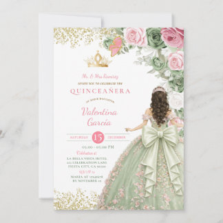 Sage Green Blush Floral Quinceañera Invitation Einladung