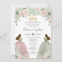 Sage Green Blush Floral Twin Girls Quinceañera