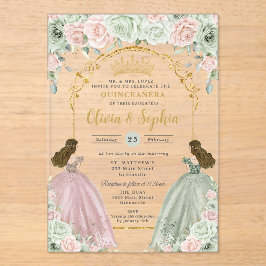 Sage Green Blush Floral Twins Gold Quinceañera Acryleinladungen