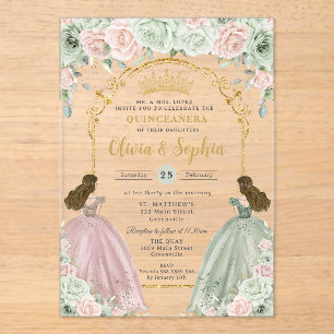 Sage Green Blush Floral Twins Gold Quinceañera Acryleinladungen