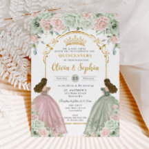 Sage Green Blush Floral Twins Gold Quinceañera