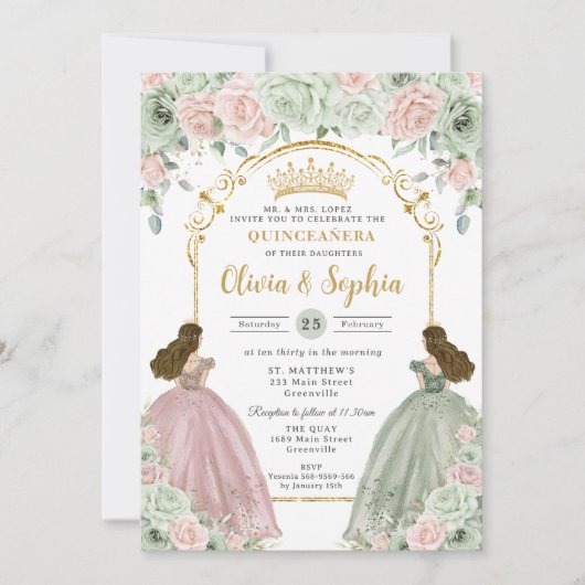 Sage Green Blush Floral Twins Gold Quinceañera Einladung (Vorderseite)