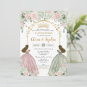 Sage Green Blush Floral Twins Gold Quinceañera Einladung (Stehend Vorderseite)