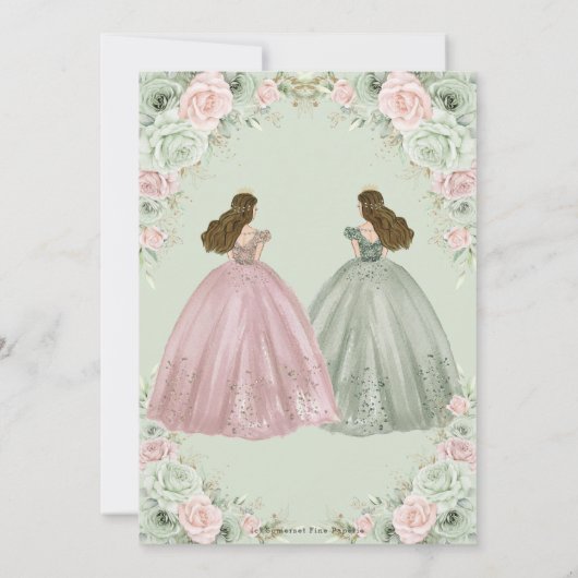 Sage Green Blush Floral Twins Gold Quinceañera Einladung (Rückseite)
