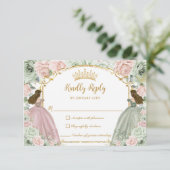 Sage Green Blush Pink Floral Twins XV Quinceañera RSVP Karte (Stehend Vorderseite)