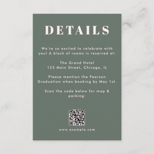Sage Green Blush Pink Graduation QR Code Details Begleitkarte (Vorderseite)