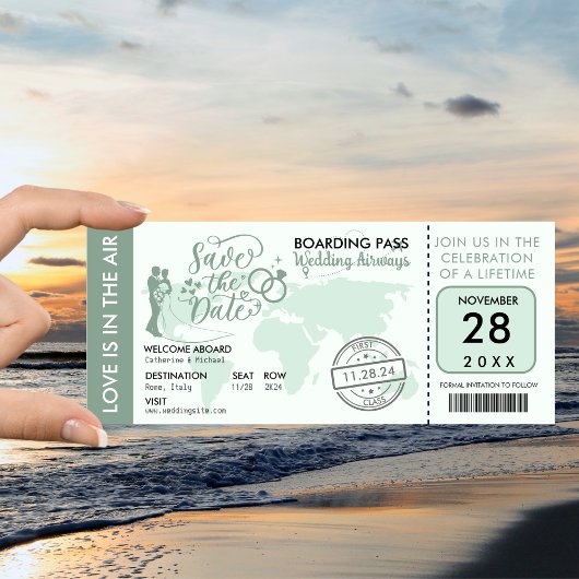 Sage Green Boarding Pass Hochzeit in Urlaubsort Save The Date