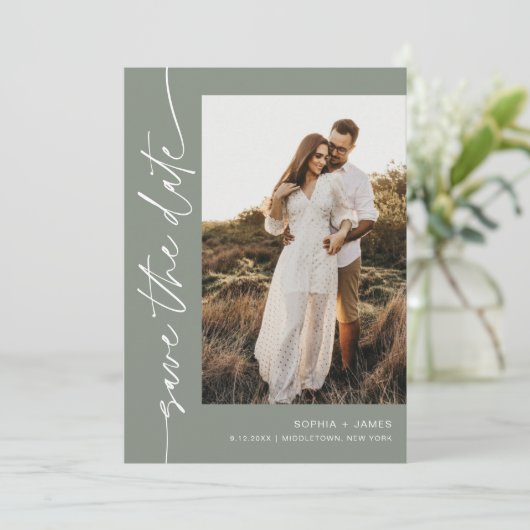 SAGE Green Bohemisch Foto Save the Date Card Einladung (Stehend Vorderseite)