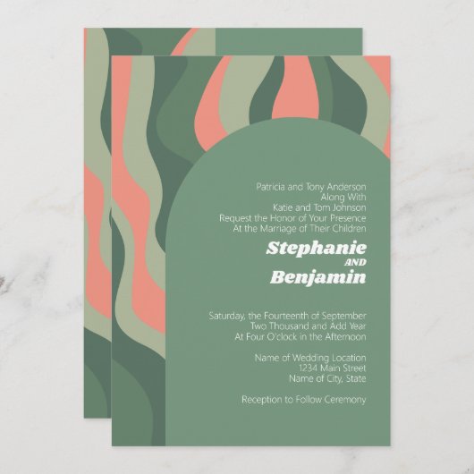 Sage Green Boho Arch - Bio Curves Wedding Einladung (Vorne/Hinten)