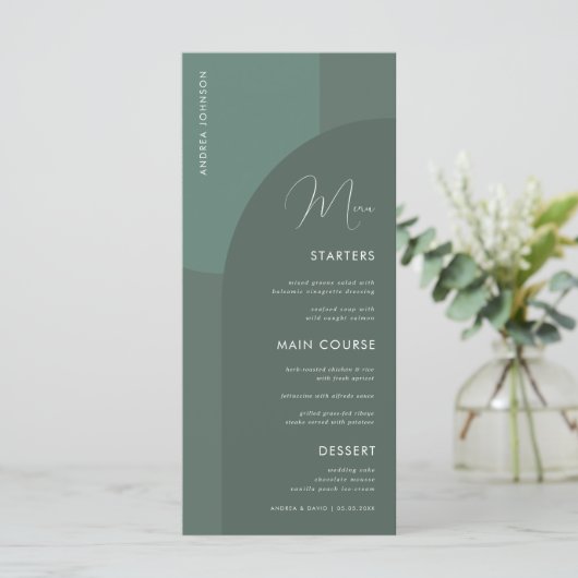 Sage Green Boho Arch Gastname Hochzeitsessen Männe Menükarte (Stehend Vorderseite)