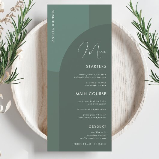 Sage Green Boho Arch Gastname Hochzeitsessen Männe Menükarte
