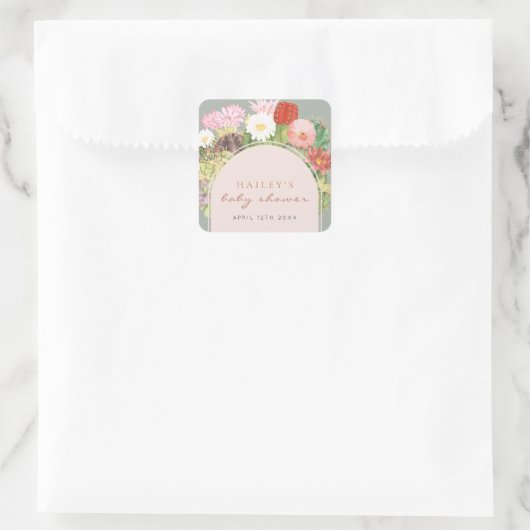 Sage Green Boho Bloom Cactus Baby Shower Quadratischer Aufkleber (Tasche)
