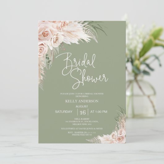 Sage Green Boho Blumendusche Einladung (Stehend Vorderseite)