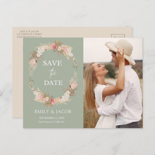 Sage Green Boho Blumenkranz Save the Date Postkarte (Vorne/Hinten)