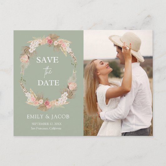 Sage Green Boho Blumenkranz Save the Date Postkarte (Vorderseite)