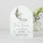 Sage Green Boho Blumenmoon Arch Baby Dusche Einladung (Stehend Vorderseite)