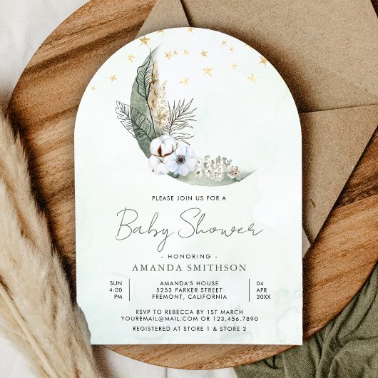 Sage Green Boho Blumenmoon Arch Baby Dusche Einladung