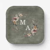 Sage Green Boho Blumenreath Wedding Monogram Pappteller (Vorderseite)