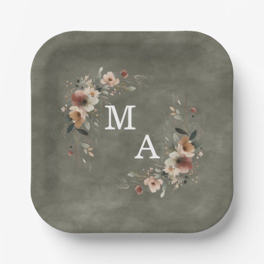 Sage Green Boho Blumenreath Wedding Monogram Pappteller (Vorderseite)