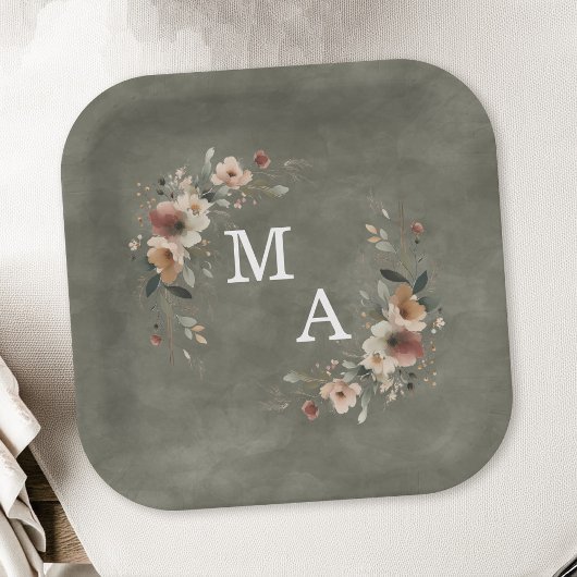 Sage Green Boho Blumenreath Wedding Monogram Pappteller