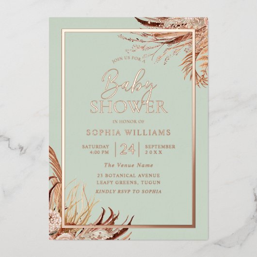 Sage Green Boho Chic Baby Dusche Real Rose Gold Folieneinladung (Vorderseite)