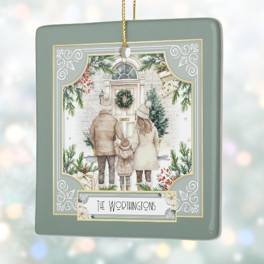 Sage Green Boho Chic Personalisierte Weihnachtszei Keramikornament