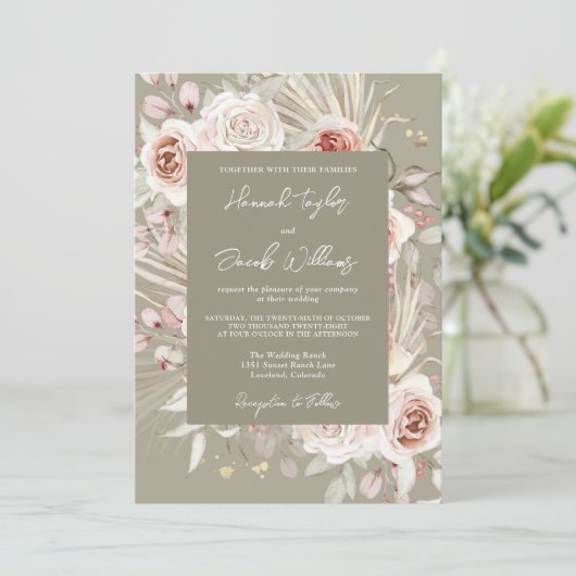 Sage Green Boho Chic Rustic Floral Wedding Einladung (Stehend Vorderseite)