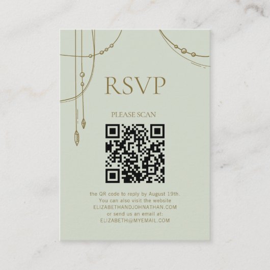 Sage Green Boho Draped Beaded Wedding QR Code UAWG Begleitkarte (Vorderseite)