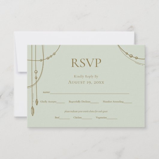 Sage Green Boho Draped Beaded Wedding RSVP Karte (Vorderseite)