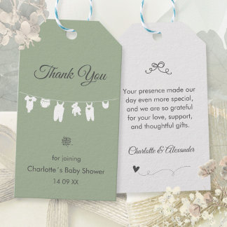 Sage Green Boho Elegant Danke Baby Shower Geschenkanhänger