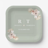 Sage Green Boho Floral Elegant Wedding Monogram Pappteller (Vorderseite)