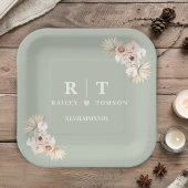 Sage Green Boho Floral Elegant Wedding Monogram Pappteller