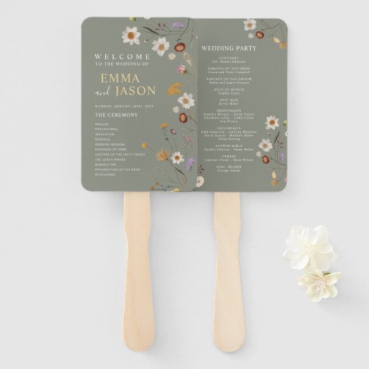 Sage Green Boho Floral Wedding Program Hand Fan Fächer (Vorne und Hinten)
