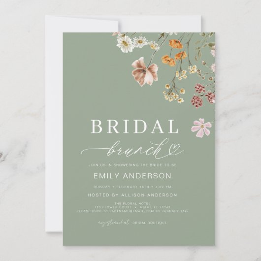 Sage Green Boho Floral Wildblume Bridal Brunch Einladung (Vorderseite)