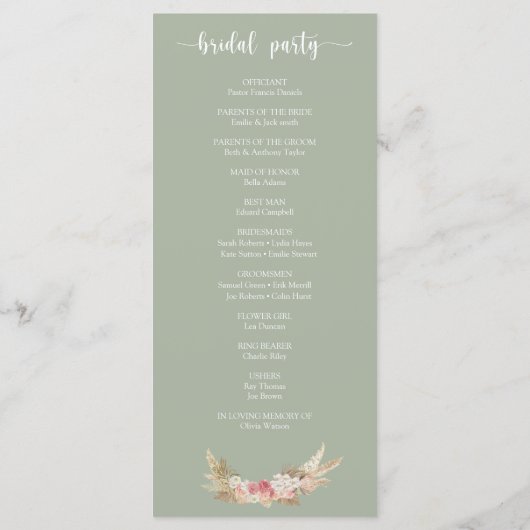 Sage Green Boho Floral Wreath Wedding Flat Program Programm (Rückseite)