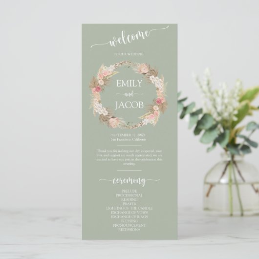 Sage Green Boho Floral Wreath Wedding Flat Program Programm (Stehend Vorderseite)