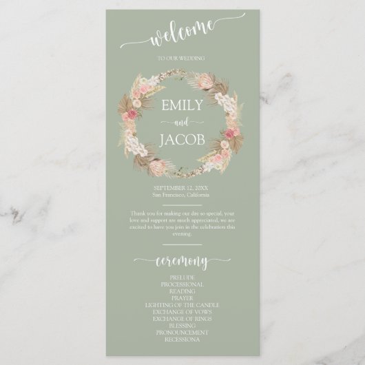 Sage Green Boho Floral Wreath Wedding Flat Program Programm (Vorderseite)