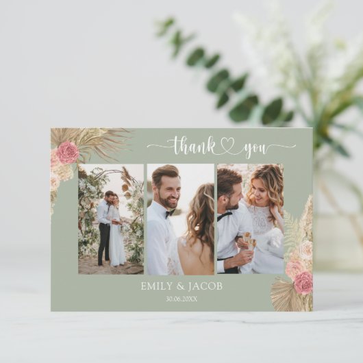 Sage green Boho Foto Hochzeit danke Ihnen Karte (Stehend Vorderseite)