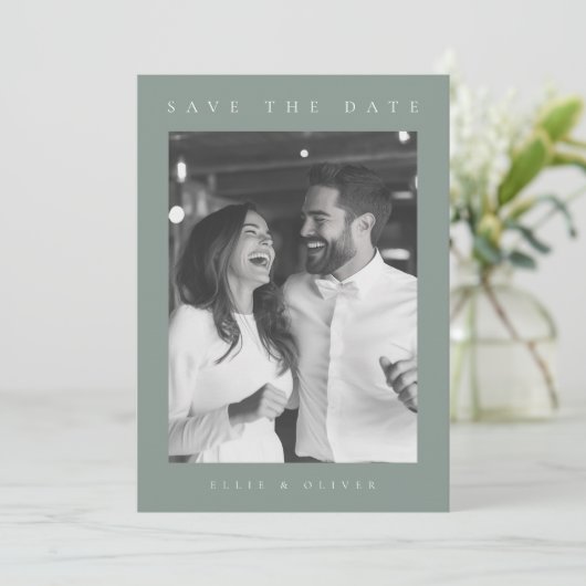 Sage Green Boho Foto Save the Date Einladung (Stehend Vorderseite)