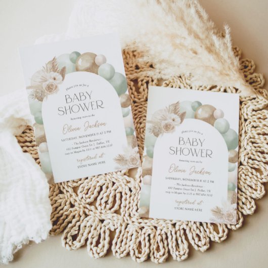 Sage Green Boho Pampas Grass Arch Baby Dusche Einladung