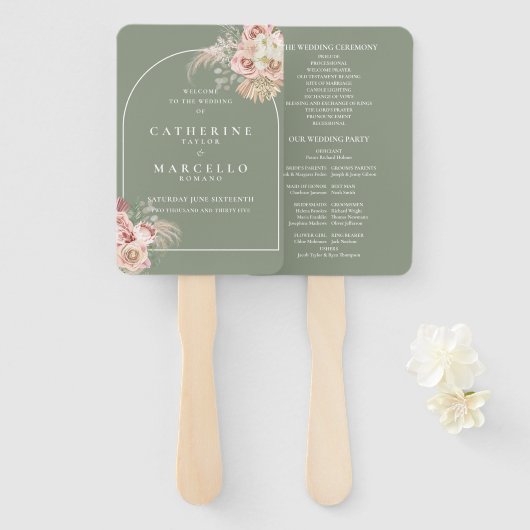 Sage Green Boho Pampas Grass Arch Hochzeitsprogram Fächer (Vorne und Hinten)